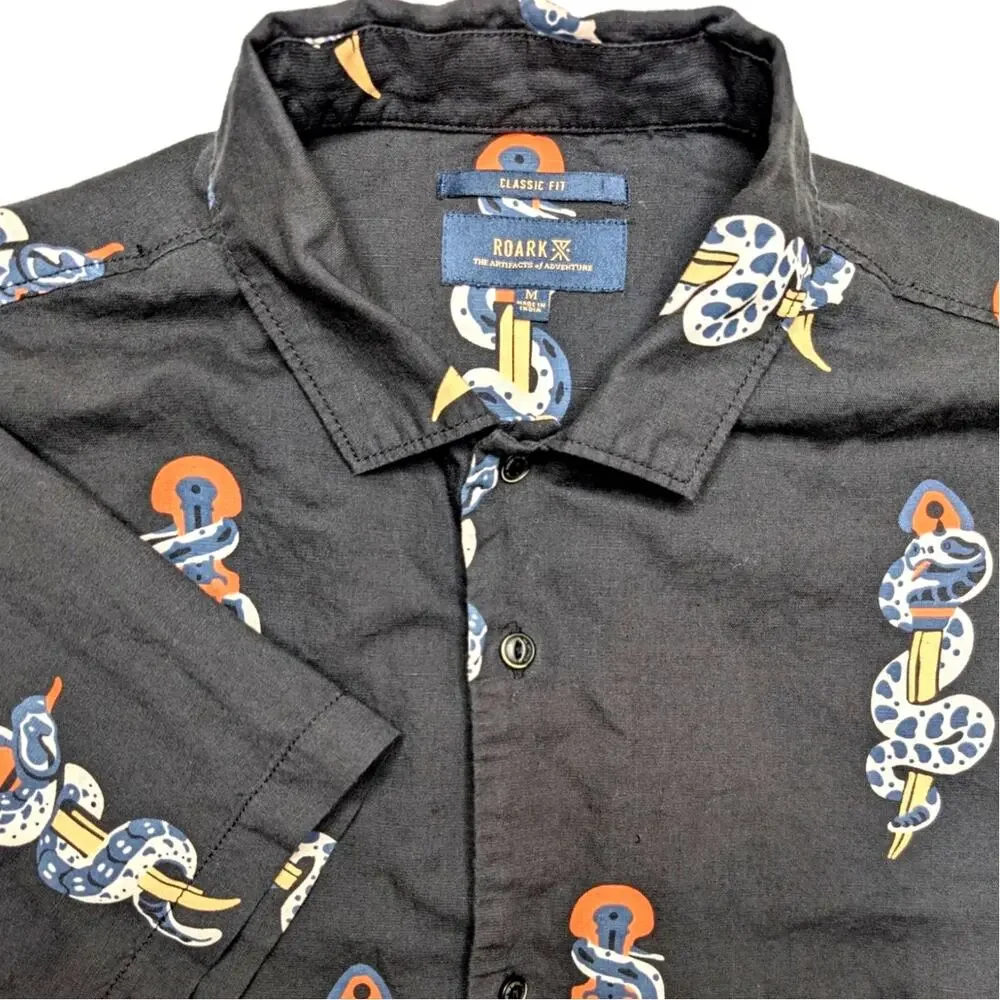Roark Classic Fit Mens Short Sleeve Button Down Shirt Medium Black Snake Dagger - Picture 1 of 6